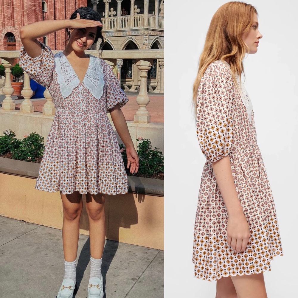 MAJE Lace Collar Tile Print Linen Puff Sleeve Cottagecore 70s Babydoll Dress‎ 6 - Picture 9 of 16